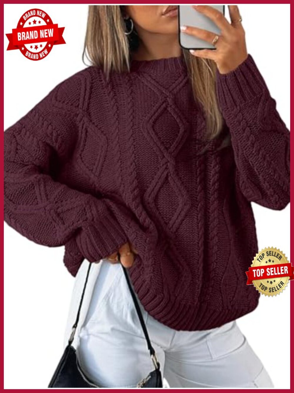 Oversized Cable Knit Sweater Pullover Crew Neck Long Sleeve Fall Winter